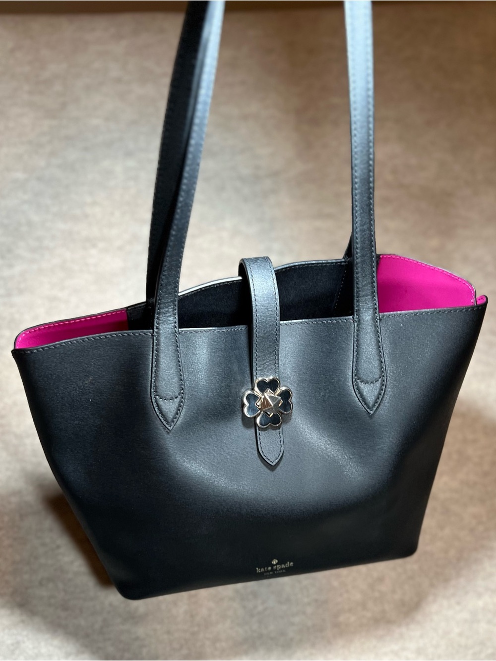 Kate Spade Kaci Medium Leather Tote – Black with Hot Pink/Magenta Interior